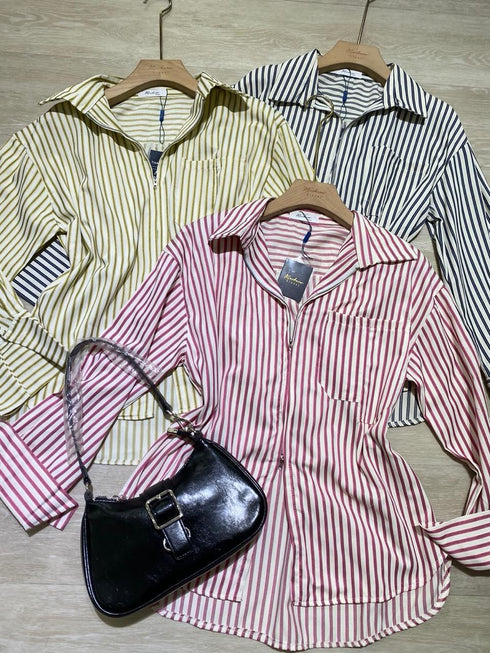 Summer Strip Long Sleeves Zipper Shirts